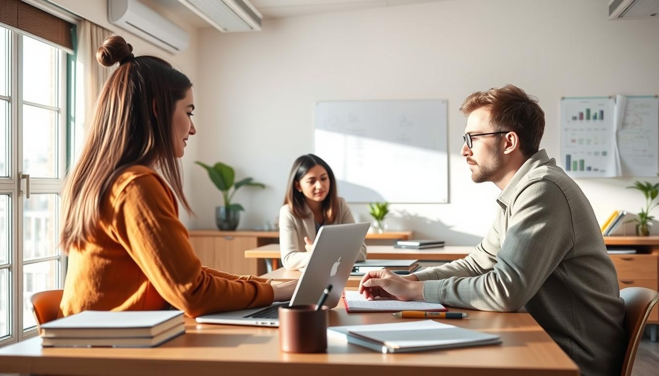 Students studying together in modern classroom